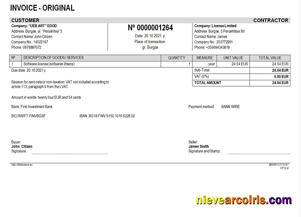 Bulgary UEB ART EOOD Company invoice